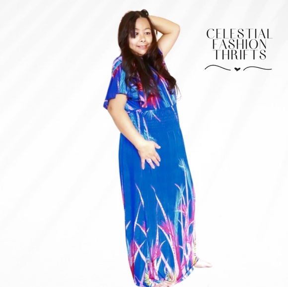 LONG BLUE FLORAL MAXI DRESS GOWN SIZE LARGE - Picture 2 of 3